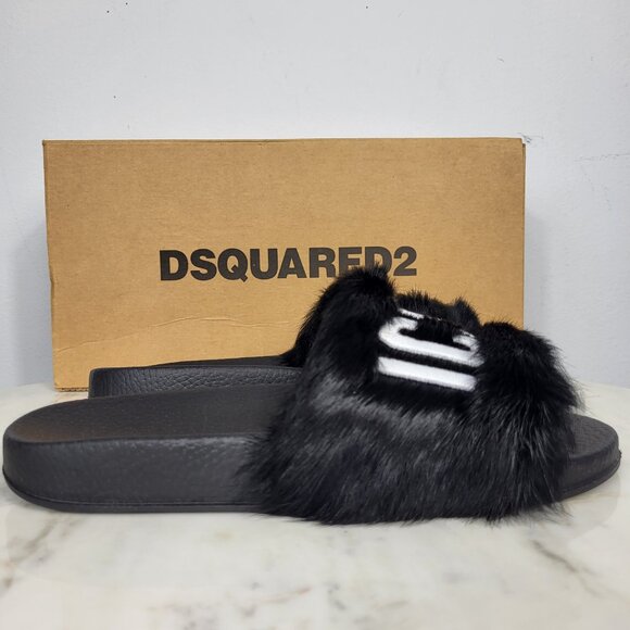 NWB~$825~DSQUARED2~8/8.5~ICON BLACK WHITE GENUINE RABBIT FUR SANDALS SLIDES - Picture 3 of 16
